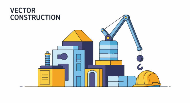 Colorful vector graphic of a construction site with a crane