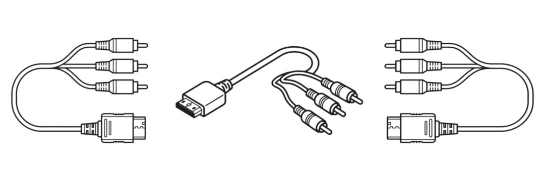 Set of three AV cable adapters for connecting audio and video devices, composite RCA plugs to HDMI converter and vice versa, technology connection.