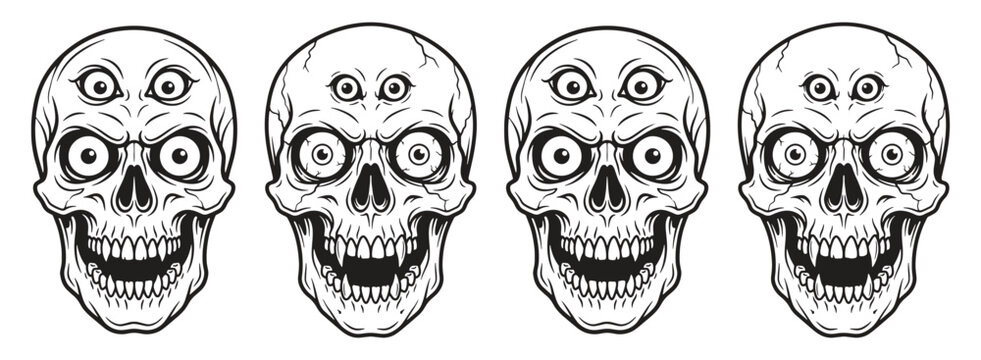 Four monstrous skulls with multiple eyes and sharp teeth, horror or fantasy characters with eerie expressions, gothic and dark art illustration.
