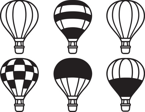 Six black and white hot air balloon with varied patterns and isolated on a white background transport