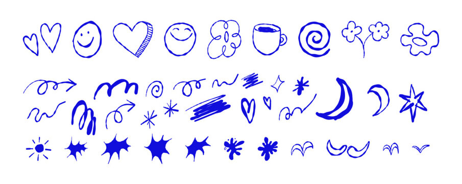 Vector set of stickers, scribbles and doodles in simple linear hand drawn style with copy space, minimal monoline design elements for posters, social media, print, banners