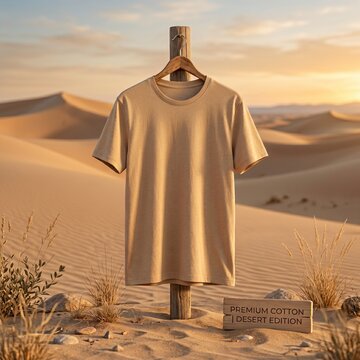 Beige cotton t-shirt mockup in desert landscape