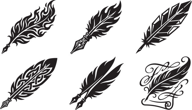 Six black stylized quill pens with decorative arranged in two rows on a white background, feather writing