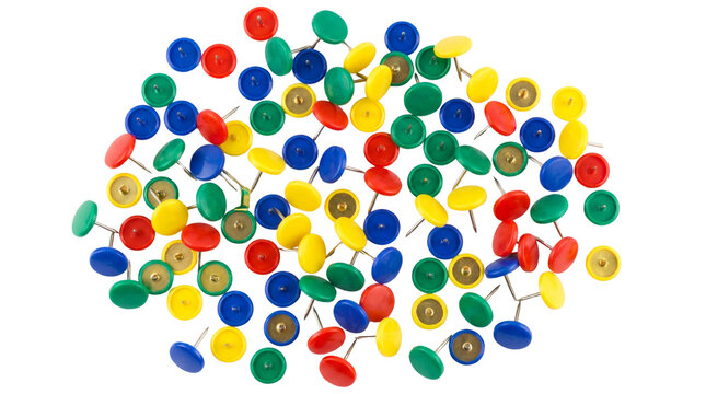 Colorful plastic push pins in a scattered pile, vibrant office thumbtacks for bulletin boards, assortment of red blue yellow and green map tacks isolated PNG with Transparent Background
