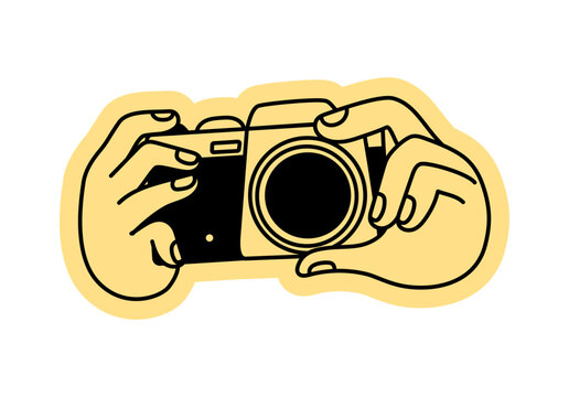Vector hand drawn doodle gesture, mascot and character hands holding camera and making photo, blogger and content creator