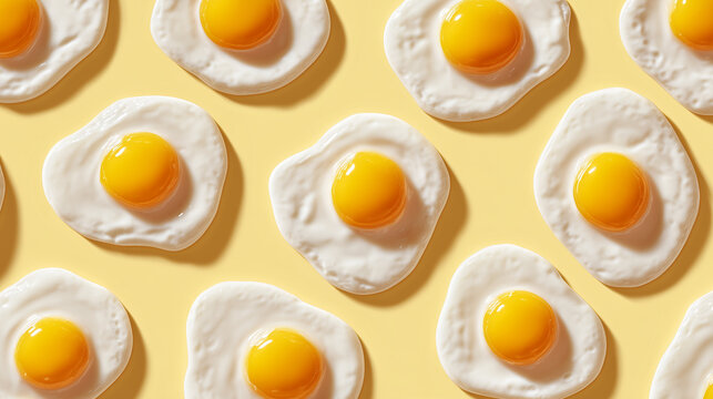 Repeating Fried Egg Flat Lay Arrangement on Yellow Backdrop Food Pattern Concept