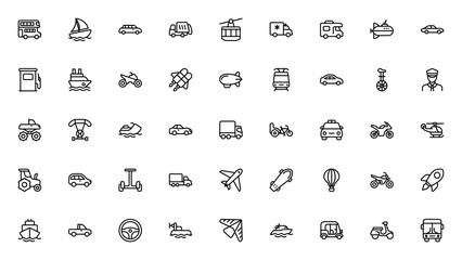 Transport icon set. Vector transport icons pack. Minimal line icons. Featuring car, bus, plane, ship, helicopter, motorcycle, truck, ambulance, police car, rocket and more. © wang