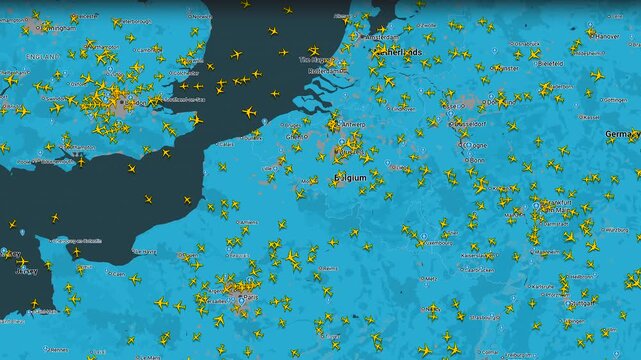 European air traffic density map with live aircraft positions and routes, aviation monitoring interface showing navigation activity across regional airspace
