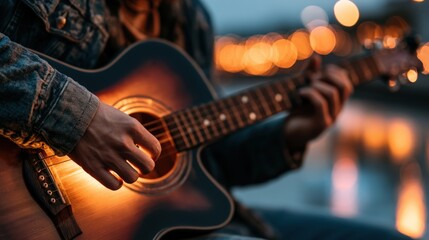 Obraz premium Guitarist strums softly under warm, glowing lights
