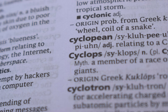 English Dictionary Book Page Close Up With The Word Definition Of - cyclopean