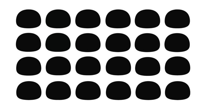 Set of 24 black abstract rounded blob silhouettes arranged in a uniform 4x6 grid on a white background. Minimalist organic geometric shapes with smooth curves for graphic design elements.