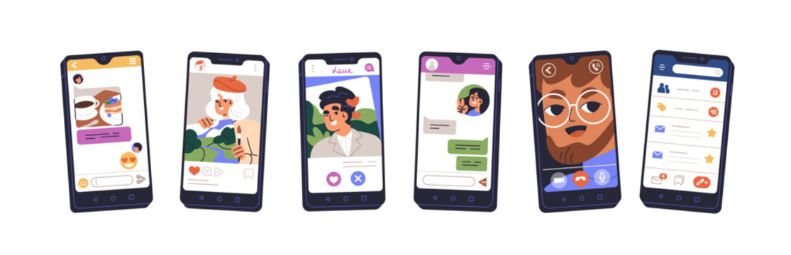 Smartphones with different mobile app interfaces on screens, set. Social media post, online profile, dating application, chat, video call, email. Flat vector illustrations isolated on white background
