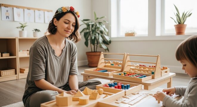 A montessori teacher sitting on the floor with a young child, engaging in educational activities with wooden geometric shapes and counting materials