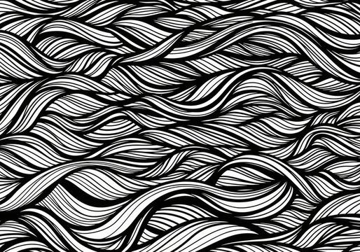 Seamless black and white wavy pattern hand drawn illustration.