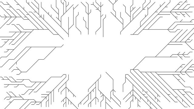 Abstract circuit board lines form a schematical image background with thin black traces on a clean white surface. This minimalist design features intersecting lines and shapes, creating a data