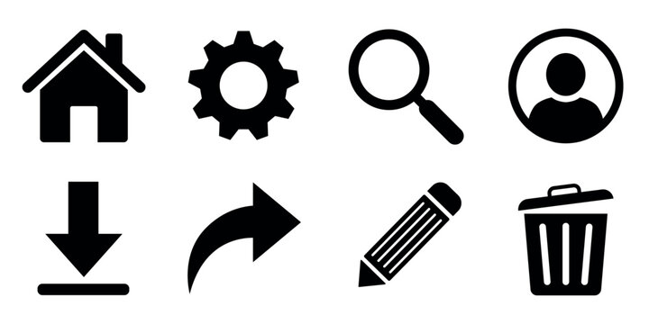 Basic UI icons, home settings search user action symbol set