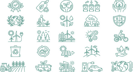 Fototapeta premium Eco-friendly lifestyle icons in a clean vector illustration on a white background for sustainability themes