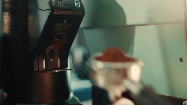 Close-up of coffee machine brewing espresso, hands preparing fresh coffee