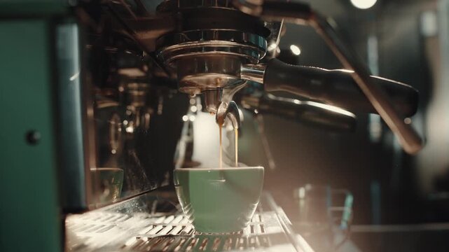 Close-up of coffee machine brewing espresso, hands preparing fresh coffee