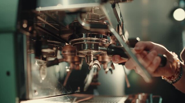 Close-up of coffee machine brewing espresso, hands preparing fresh coffee