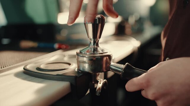 Close-up of coffee machine brewing espresso, hands preparing fresh coffee