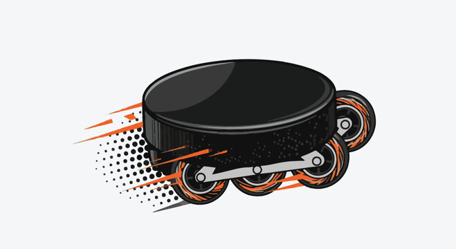 Vector illustration of a black hockey puck integrated with inline skate wheels and orange speed lines, showing dynamic motion with halftone dot effects on a neutral gray background.