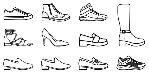 Fototapeta premium Shoes Featuring Various Styles and Designs in Black and White Vector Illustration Featuring Footwear, Sneakers, Boots with Sandals and Heels Elements