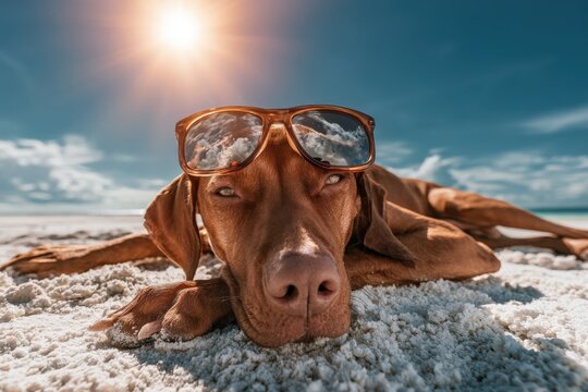 Sunlight glints off sunglasses resting on a dog's face