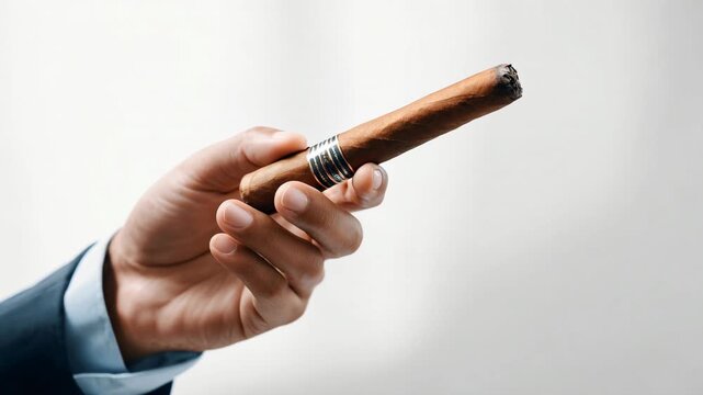 Close-up of a man's hand in a suit holding a cigar