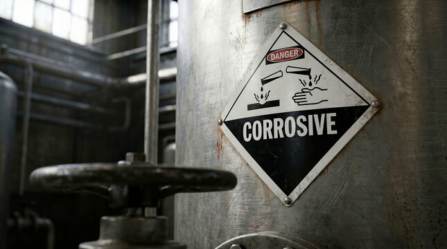 Corrosive sign displayed on metal tank in industrial factory environment for chemical safety and hazard warning.