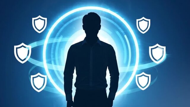 A video showing the silhouette of a man standing against a bright blue gradient background. A glowing neon blue circle with moving arrows forms behind him, followed by digital security shield icons th