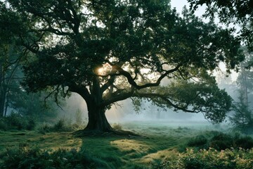 Fototapeta premium Ancient oak tree stands tall in misty dawn