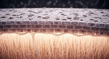Fototapeta premium Microscopic view of human skin layers with water droplets and texture showing epidermis and dermis cells for medical science and dermatology skincare research concepts