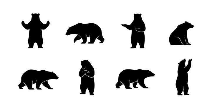 Bears in Various Standing and Sitting Poses as Black Silhouettes Featuring Wildlife, Animals, Nature with Forest and Wildlife Art Elements for Bear
