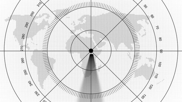 Radar screen loop with scanning beam circular grid. Radar scanning technology background. HUD call loading radar targets objects. Futuristic scanning targets object, detection icon.