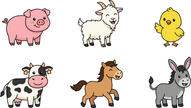 Cute domestic farm animals vector collection set featuring friendly cartoon characters including pig goat chick cow horse and donkey isolated on white background