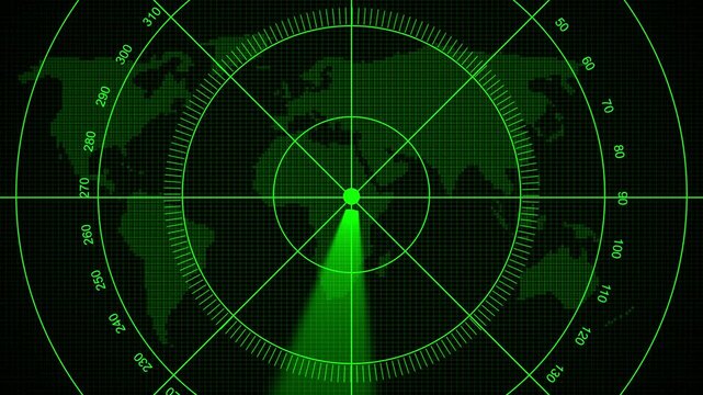 Radar screen loop with scanning beam circular grid. Radar scanning technology background. HUD call loading radar targets objects. Futuristic scanning targets object, detection icon.