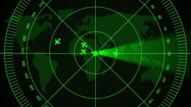 Futuristic radar display, Glowing screen scanning with light rays beam on earth technology background. An air traffic control tower equipped with radar. High-tech radar scanner for flight coordinates 