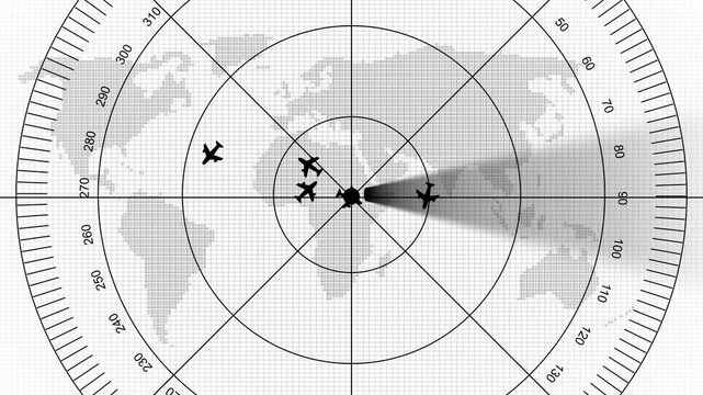 Futuristic radar display, Glowing screen scanning with light rays beam on earth technology background. An air traffic control tower equipped with radar. High-tech radar scanner for flight coordinates 