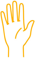 Fototapeta premium Minimalist Amber outline open human hand icon showing palm and fingers, simple hand drawn style gesture for greeting stop voting or helping isolated on transparent PNG background