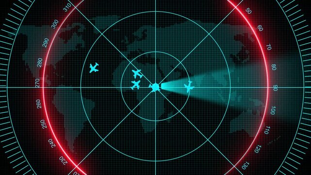 Aircraft signal and guidance hud radar icon animation with flare light ray beam. Radar concept. Digital realistic radar with targets on monitor in searching. Air search . Military search system. 4k