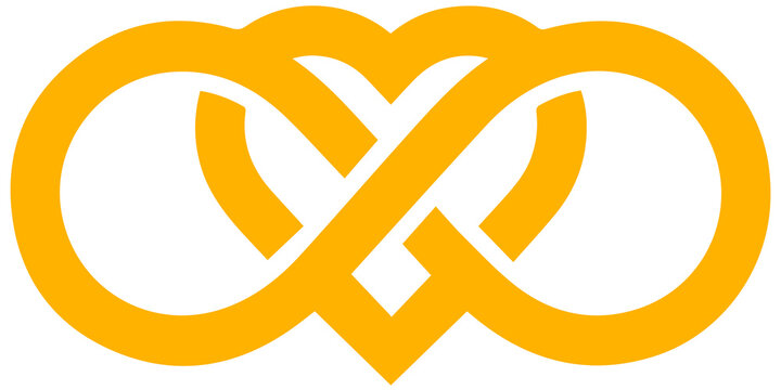 Minimalist Amber outline infinity heart symbol intertwined with a forever loop knot, conceptual eternal love polyamory and endless relationship geometric graphic isolated on transparent PNG background