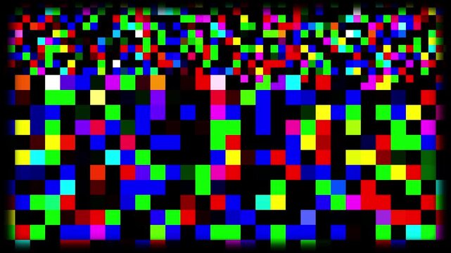 Random abstract 8 bit rgb pixel noise texture background animation. abstract background with squares. animation of colorful mosaic pattern, 8 bit pixel glitch transition overlay 
