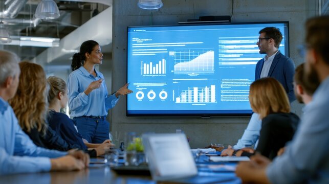 Team gathers around large screen displaying data charts