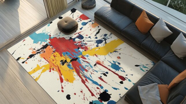 Rug with a dynamic multi-colored ink splash pattern lies on a bright floor next to a dark sofa.