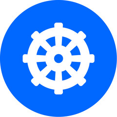 Obraz premium Dharmachakra icon on bold blue circle badge for dharma wheel Buddhist spiritual religion meditation yoga app UI culture faith peace social symbol awareness web on transparent background