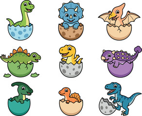 Cute baby dinosaur hatching from egg vector collection set featuring colorful cartoon jurassic prehistoric reptile characters isolated on white background © Jasmin