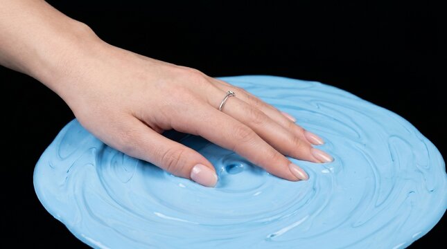 A hand gently presses into a swirling pool of light blue, viscous slime against a stark black background.