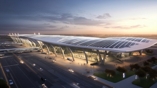 Airport terminal building features a modern architectural design with a sweeping roof and illuminated glass facade during the twilight hour.
