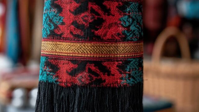 Close-up of colorful woven textile with red and turquoise patterns and black fringe displayed hanging in a traditional market setting with basket and fabric background